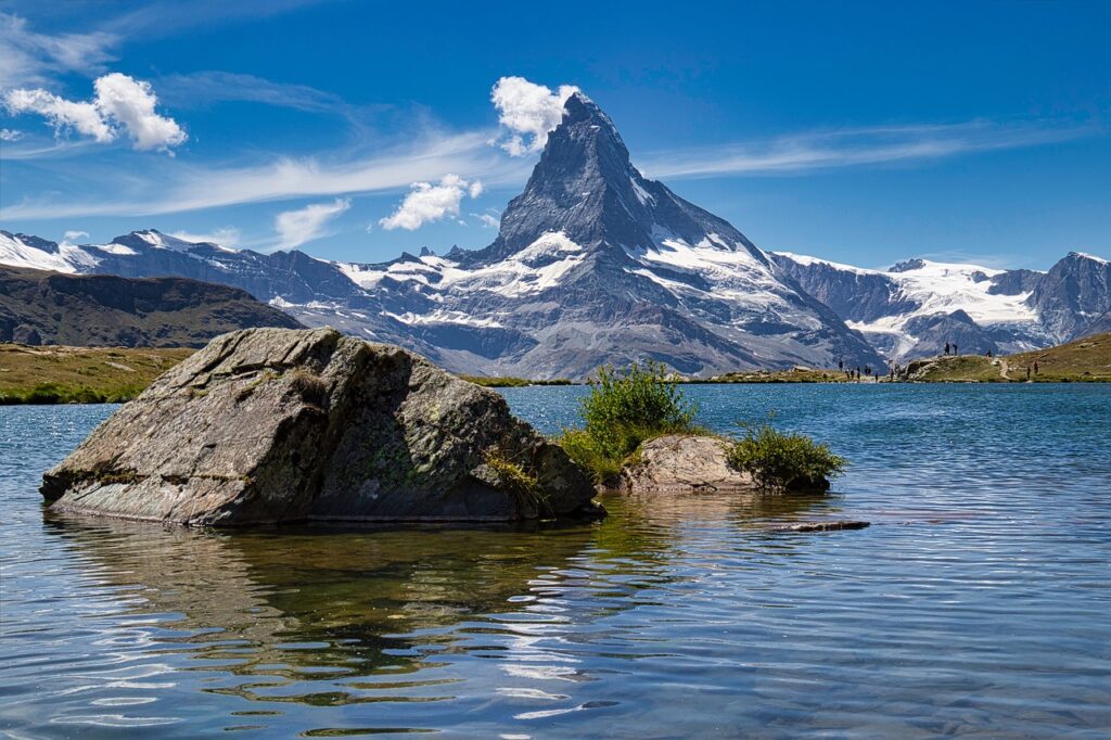 mountains, rocks, nature, lake, landscape, switzerland, matterhorn