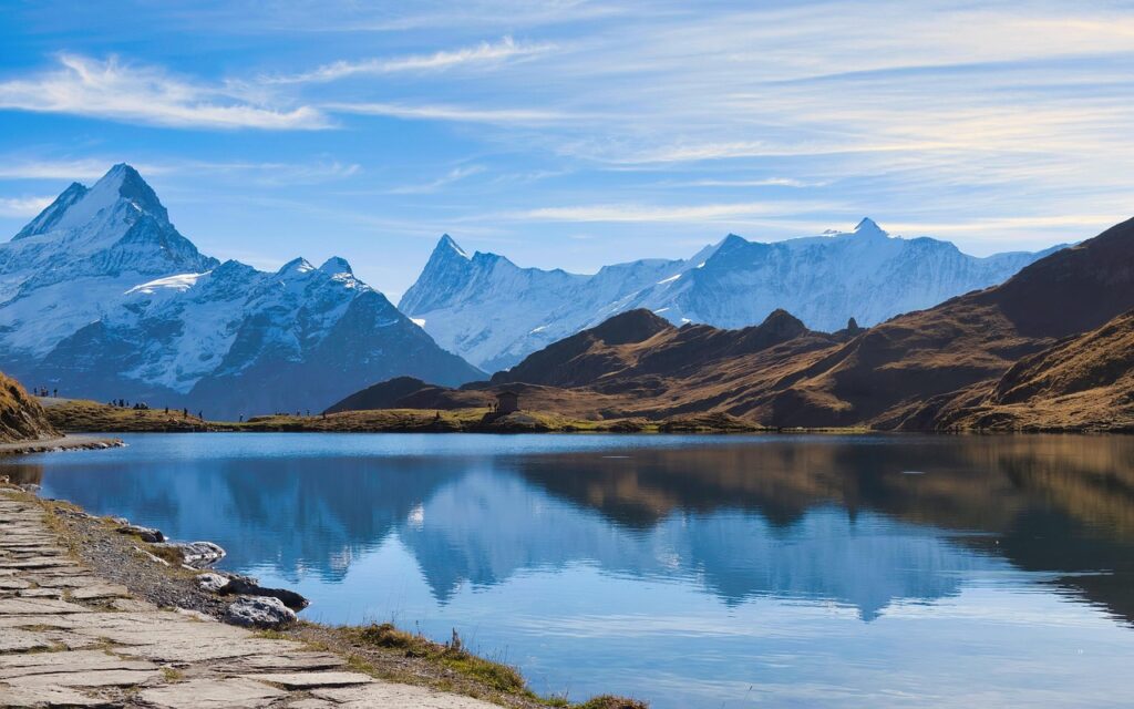 bachalpsee, lake, nature wallpaper, mountains, grindelwald, alps, switzerland, beautiful nature, autumn, nature background, nature, reflection, water, scenery, tourism, hd wallpaper